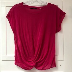 T Tahari hot pink knit Crewneck cap short sleeve knot on bottom S